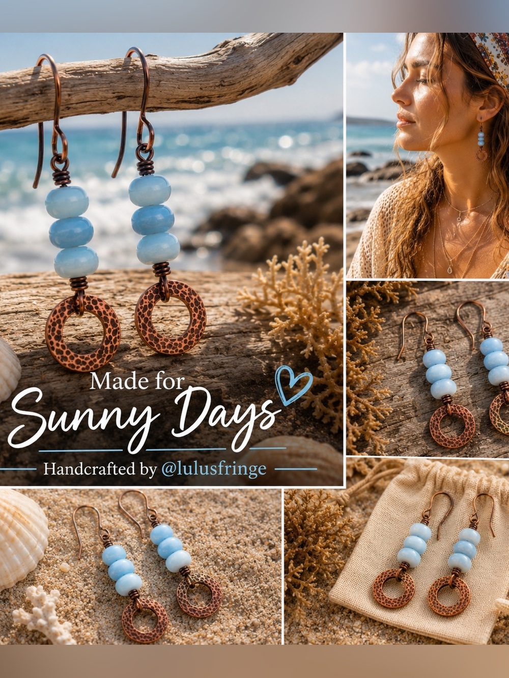 Blue Opal and Hammered Copper Dangle Boho Artisan Handmade Earrings
